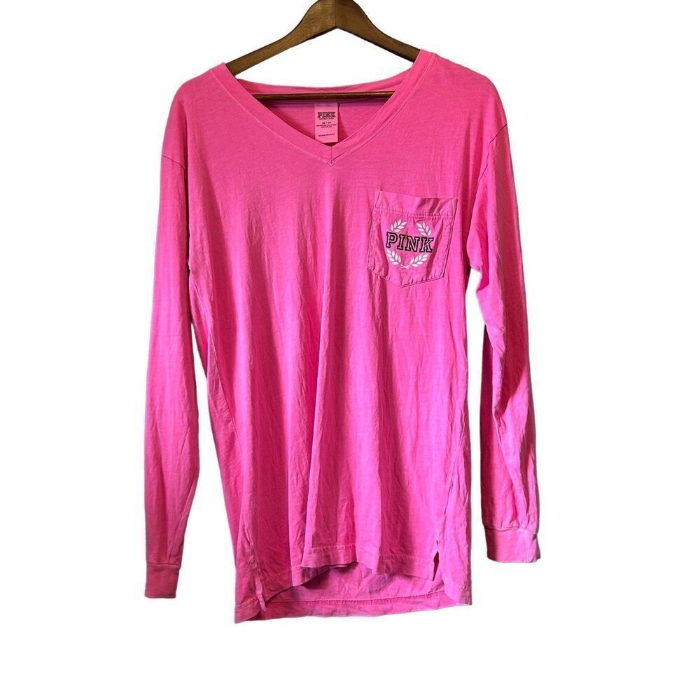 Victoria's Secret PINK Long Sleeve V Neck Pocket T Shirt Top XS Hot Pink